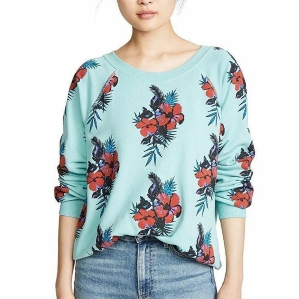 Wildfox Sweatshirt Womens XS Turquoise Hibiscus Dreams Floral Tropical Pullover
